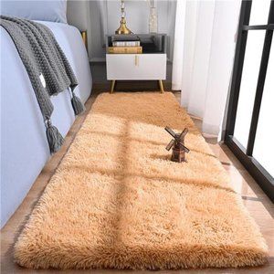 Soft Shag Runner Rug for Bedroom,2x6 Feet Fluffy Rugs with Non-Slip Bottom,Camel